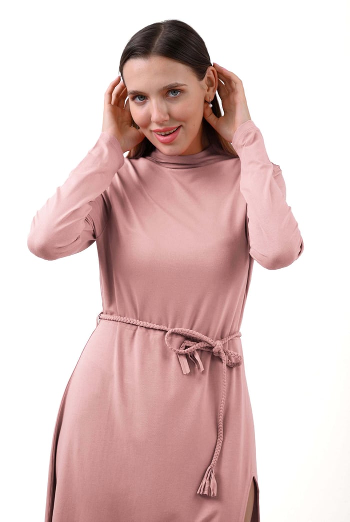 Mock Neck Tie-Belt Midi Dress