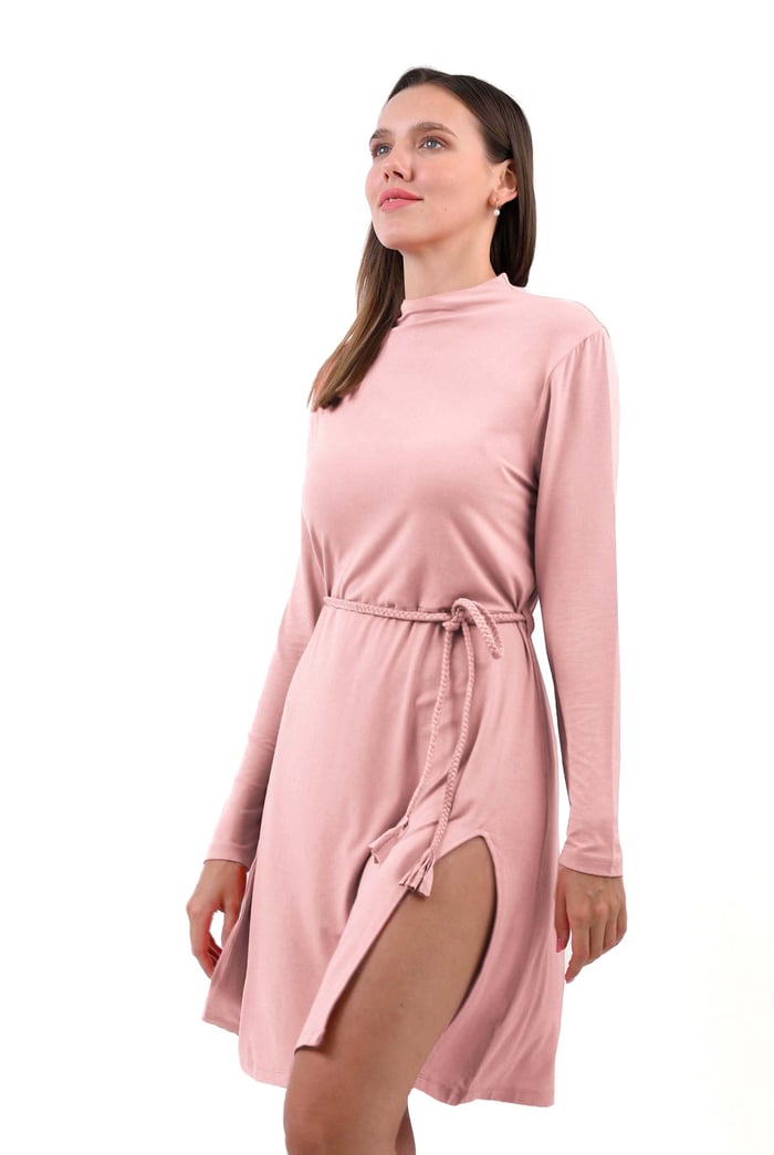 Mock Neck Tie-Belt Midi Dress