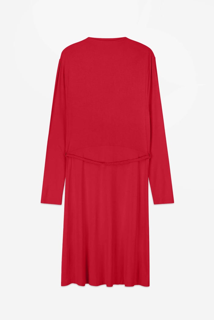 Mock Neck Tie-Belt Midi Dress
