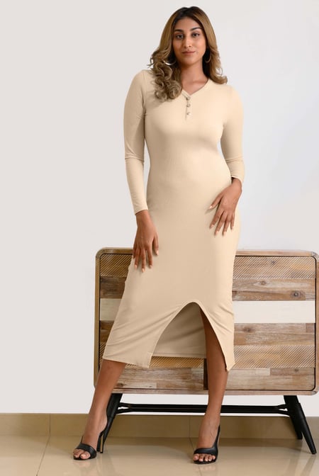 Womens Cream Front Slit Ribbed Midi Dress