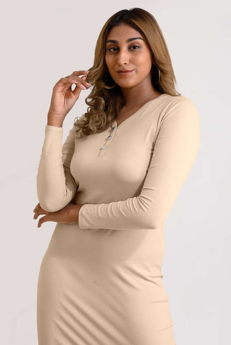 Womens Cream Front Slit Ribbed Midi Dress