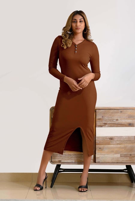Womens Cream Front Slit Ribbed Midi Dress