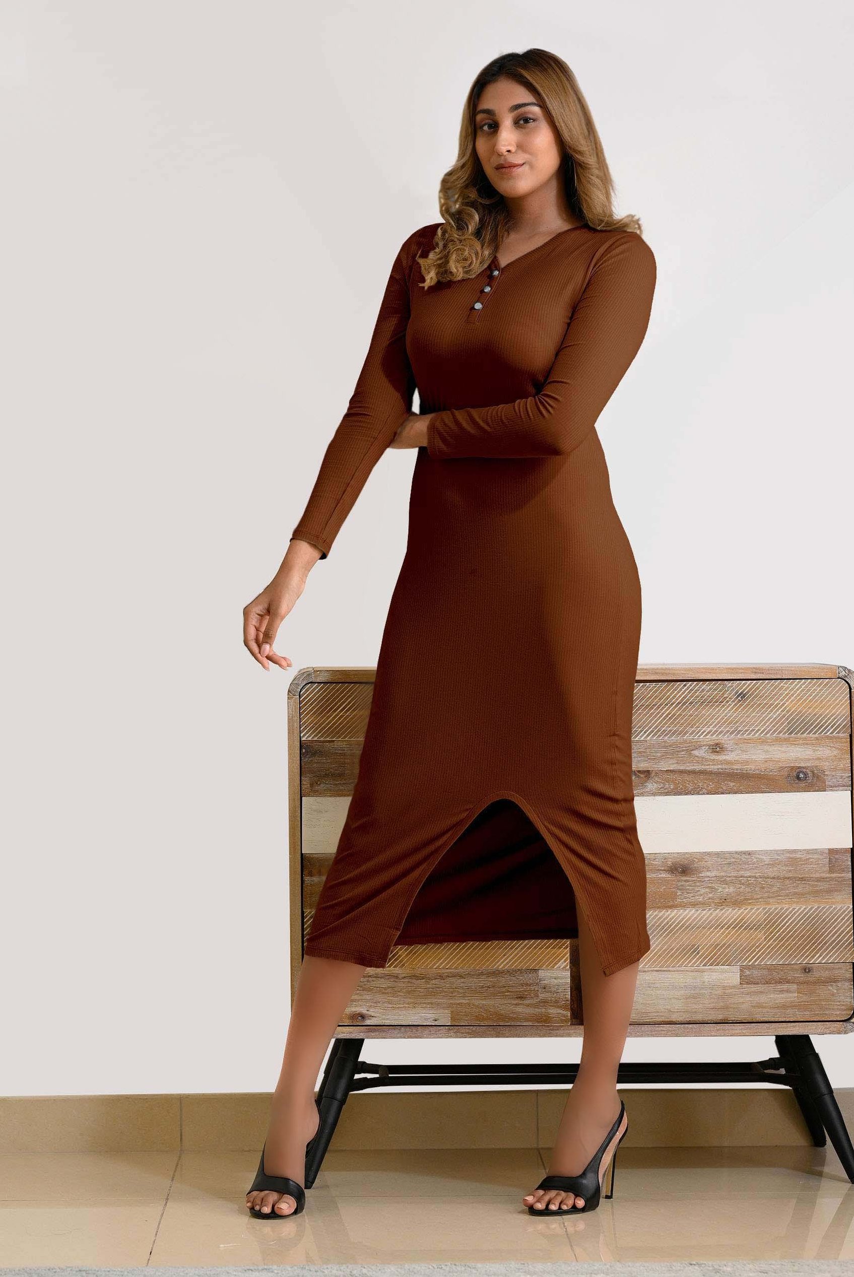 Womens Front Slit Ribbed Midi Dress