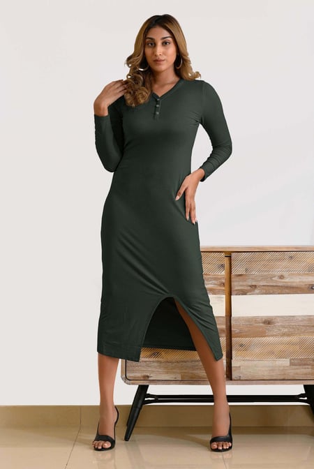 Womens Cream Front Slit Ribbed Midi Dress