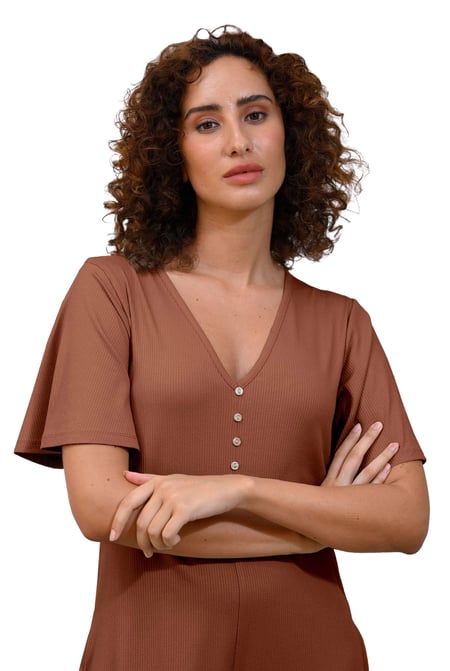 Brown Bell Sleeve Textured Rib Playsuit