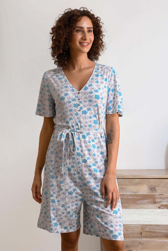 Womens Daisy Floral Print Ribbed Playsuit