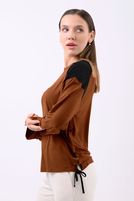Womens Brown Colour Block Raglan Sleeve Tops