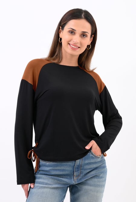 Womens Black Colour Block Raglan Sleeve Tops