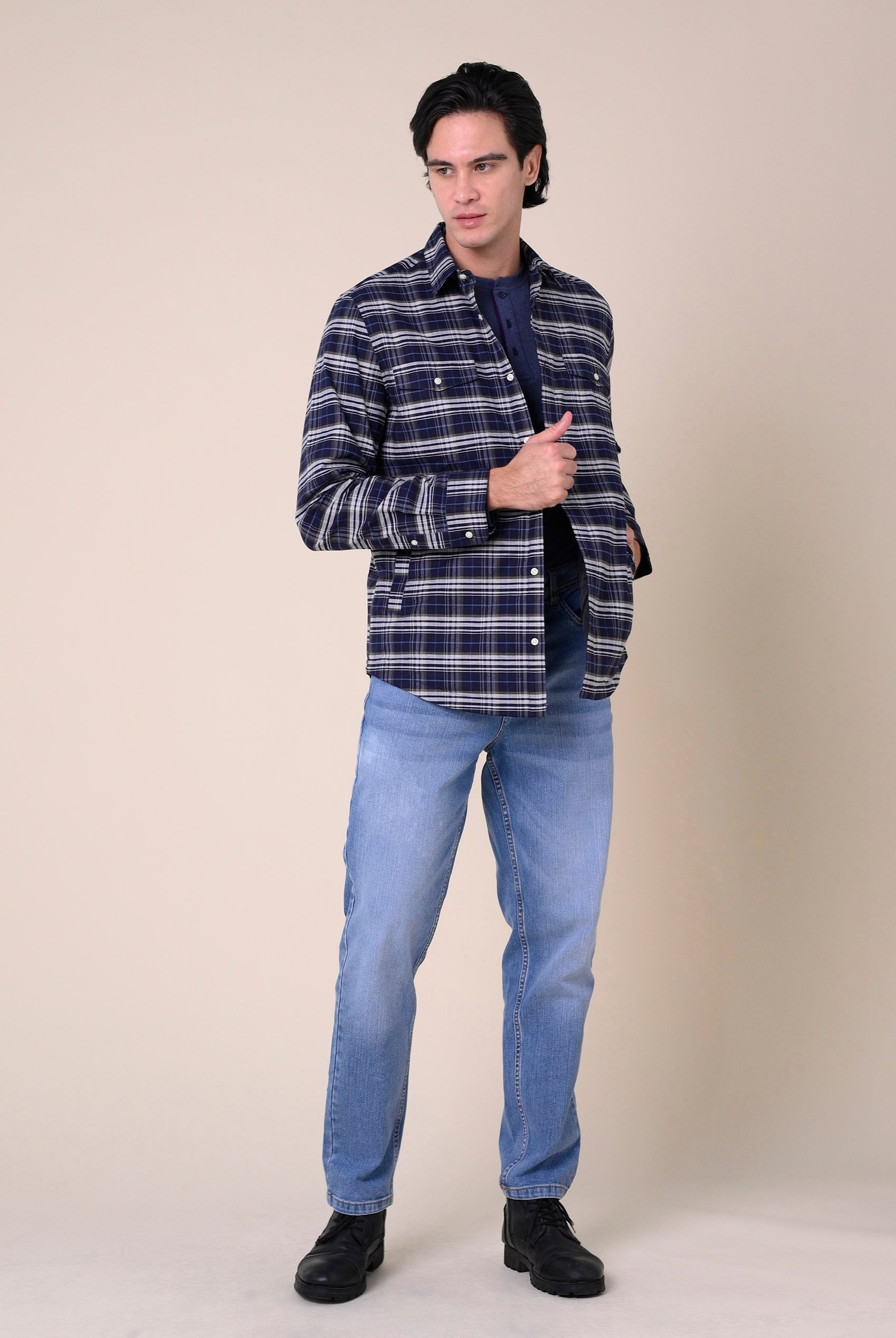 Mens Navy/White Signature Oxford Check Shacket