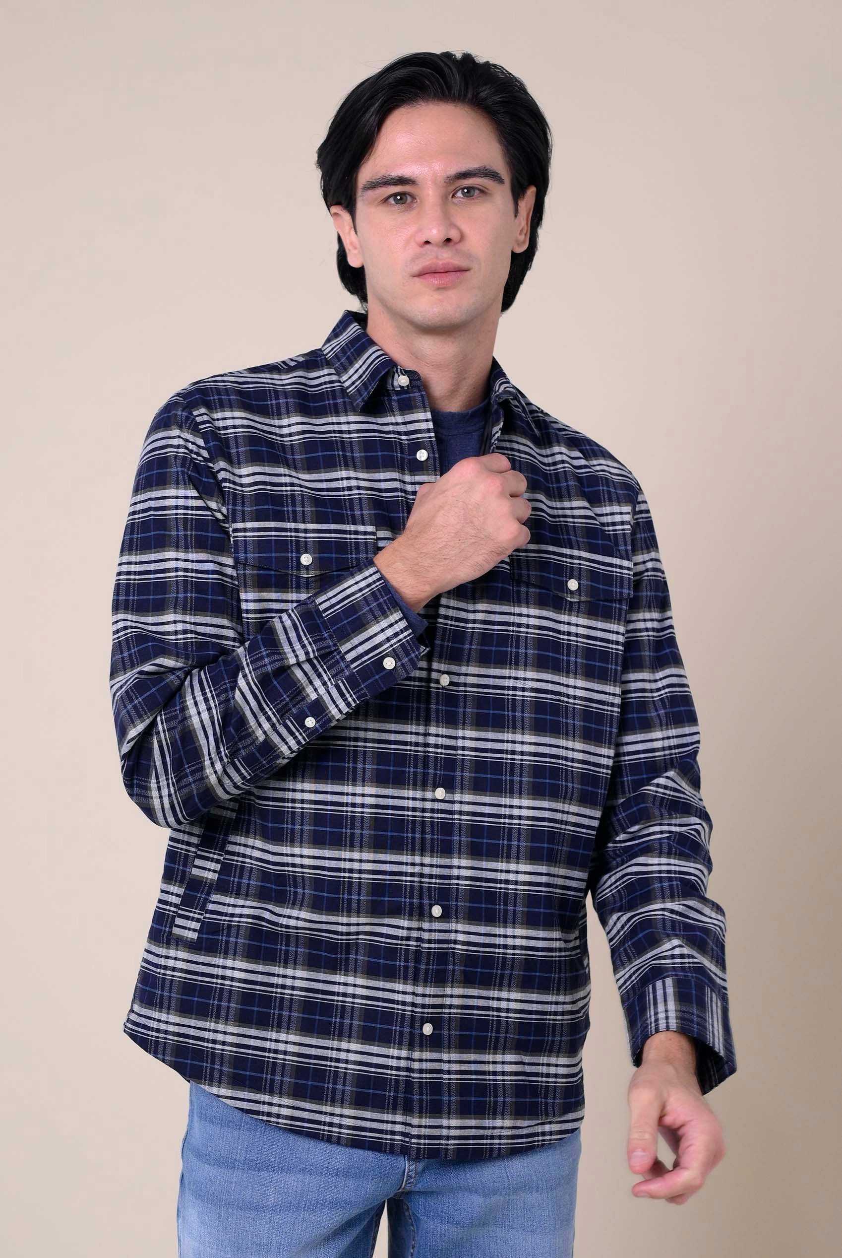 Mens Navy/White Signature Oxford Check Shacket