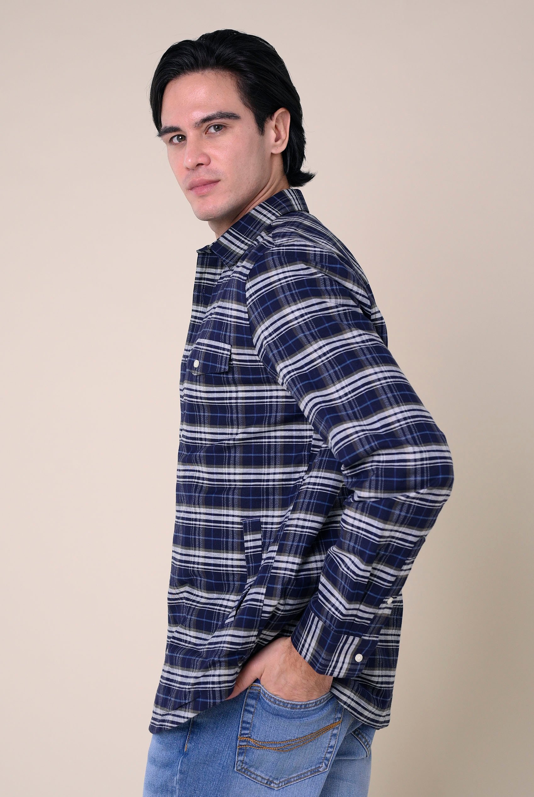 Mens Navy/White Signature Oxford Check Shacket