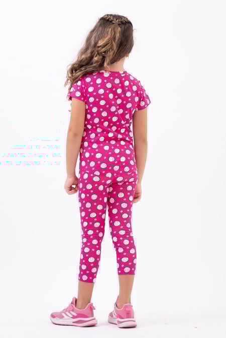 Girls Red Printed SS T-Shirt & Cropped Pyjama Set