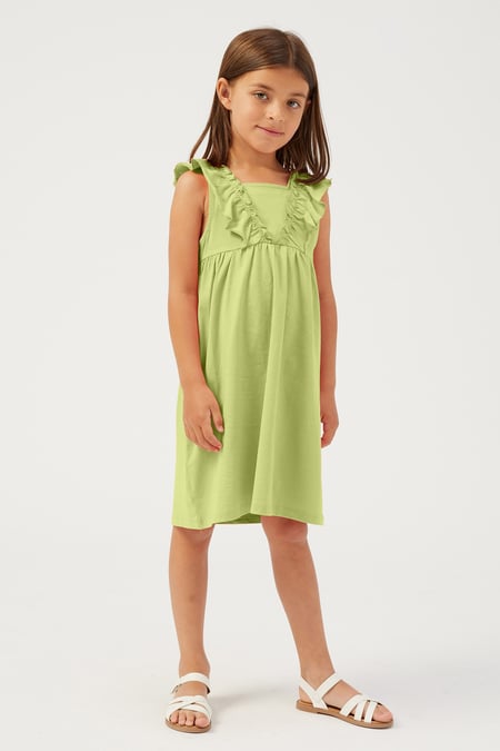 Girls Green Square Neck Ruffle Sleeve Dress