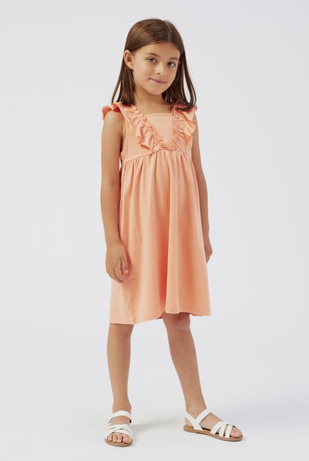 Girls Orange Square Neck Ruffle Sleeve Dress