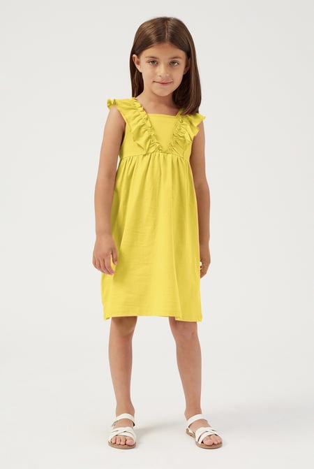 Girls Orange Square Neck Ruffle Sleeve Dress