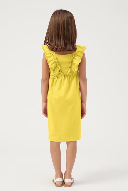 Girls Yellow Square Neck Ruffle Sleeve Dress