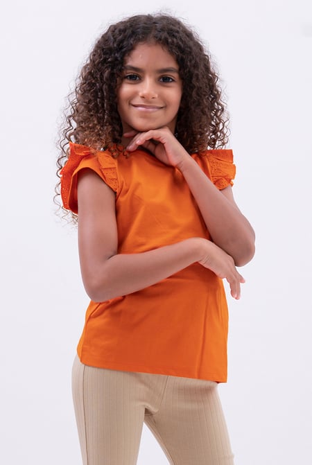Girls Brown Top With Broderie Ruffle