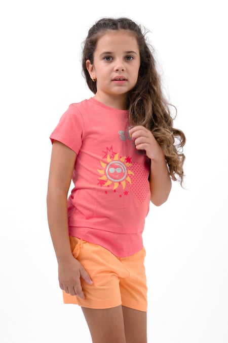 Orange Double Layer Sunny Glitter Printed T-Shirt