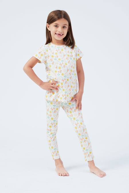 Girls White Sun Flower Print Pyjama Set