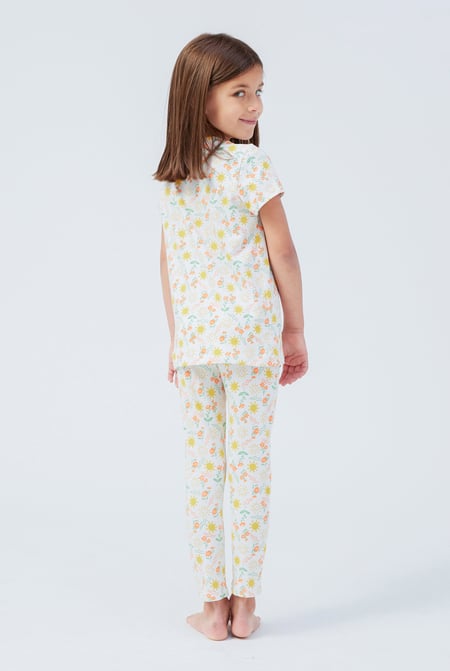 Girls White Sun Flower Print Pyjama Set