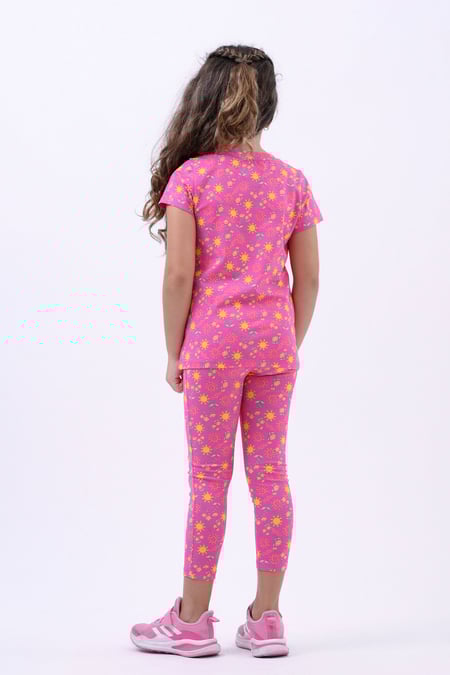 Girls Pink Sun Flower Print Pyjama Set