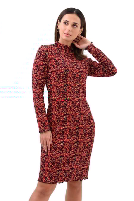Black Crepe Ribbed Midi Floral Dress