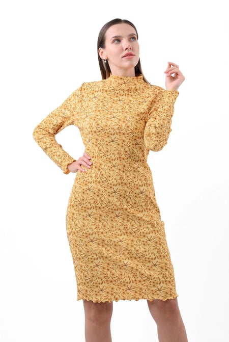 Cream Crepe Ribbed Midi Floral Dress