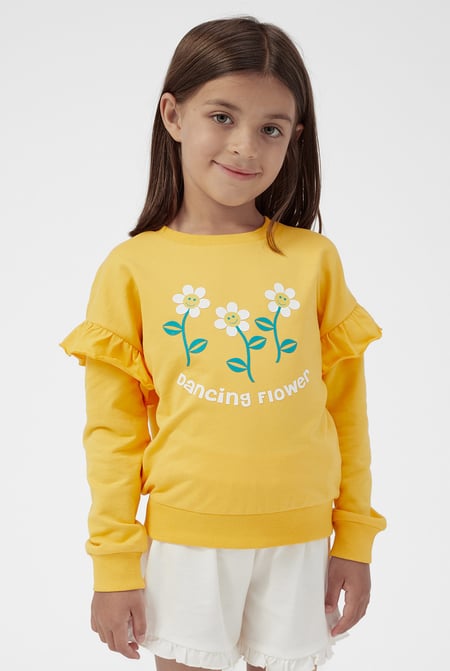 Girls Orange Chest Print Sweatshirt
