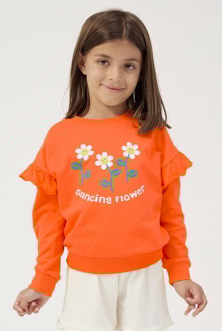 Girls Orange Chest Print Sweatshirt