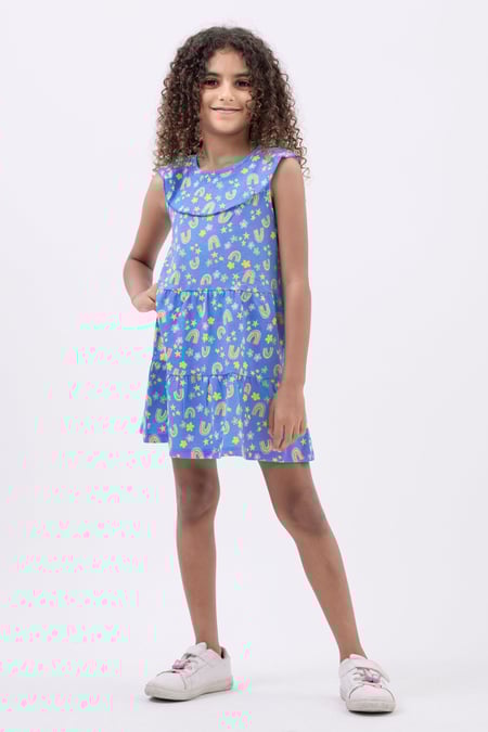 Girls Blue Ruffle Neck Jersey Dress