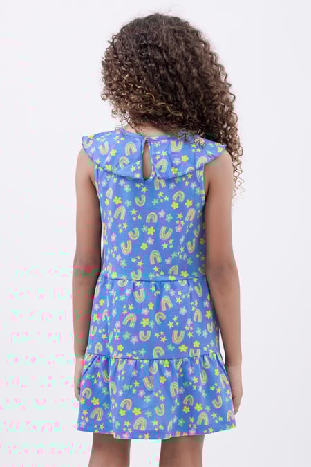 Girls Blue Ruffle Neck Jersey Dress