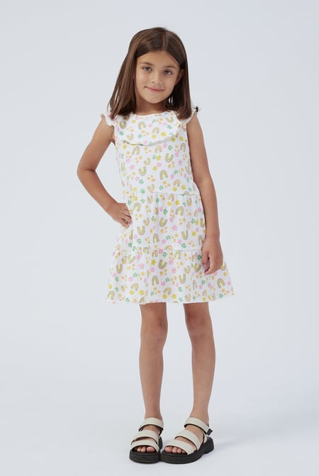 Girls White Ruffle Neck Jersey Dress