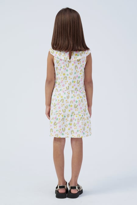 Girls White Ruffle Neck Jersey Dress