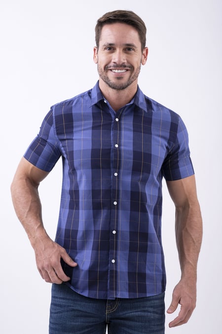Yellow Blue Check Short Sleeve Casual Shirt