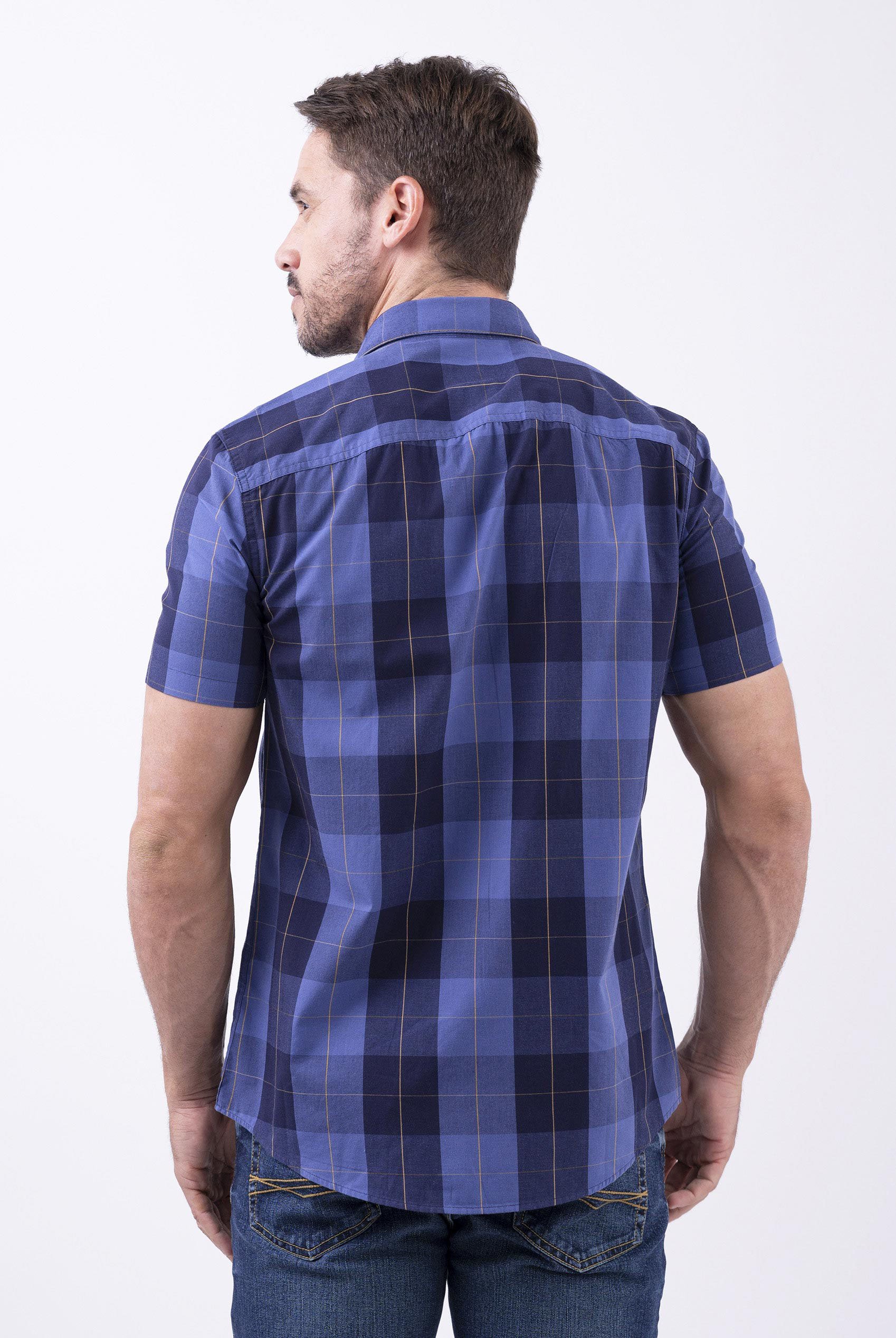 Yellow Blue Check Short Sleeve Casual Shirt