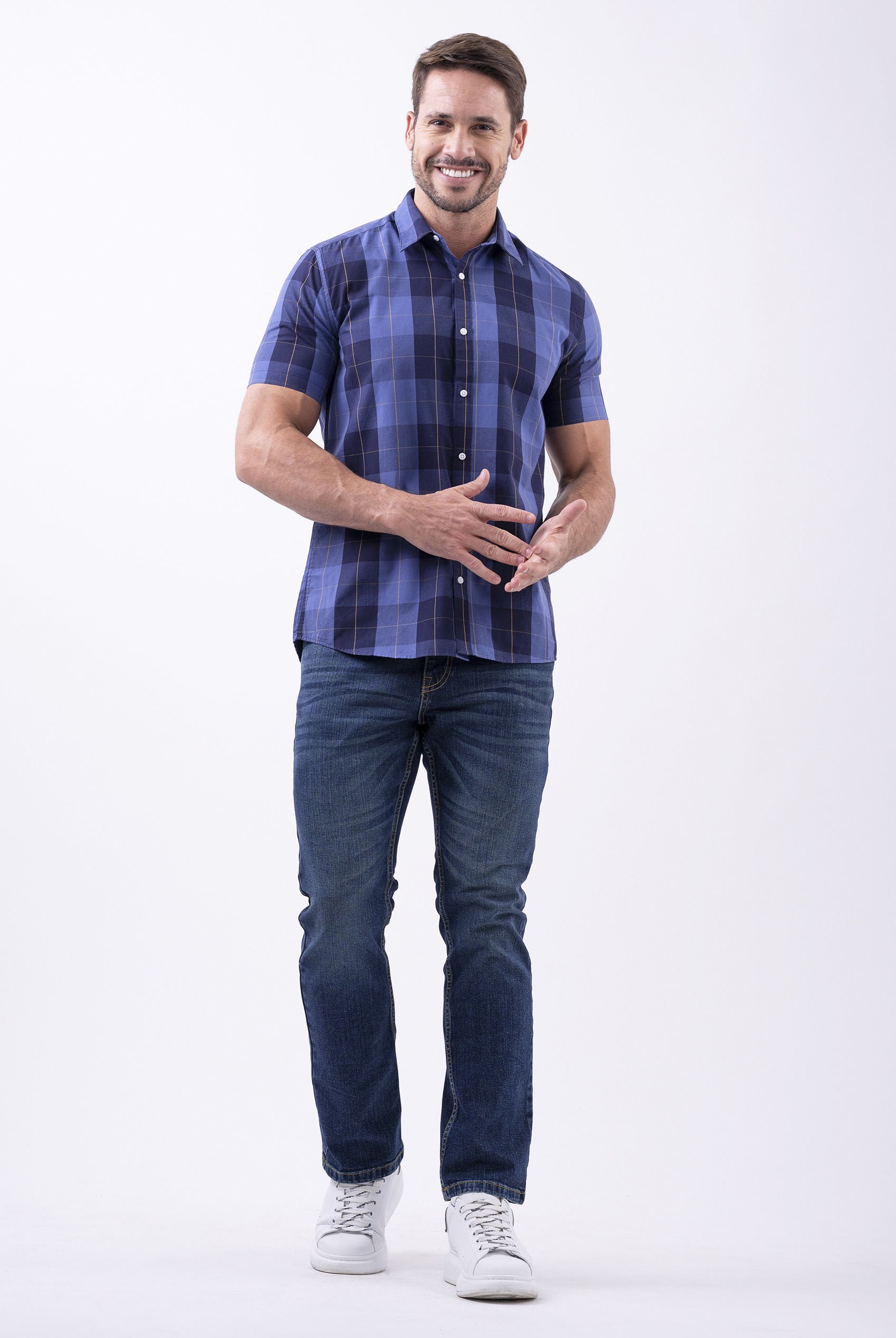 Yellow Blue Check Short Sleeve Casual Shirt