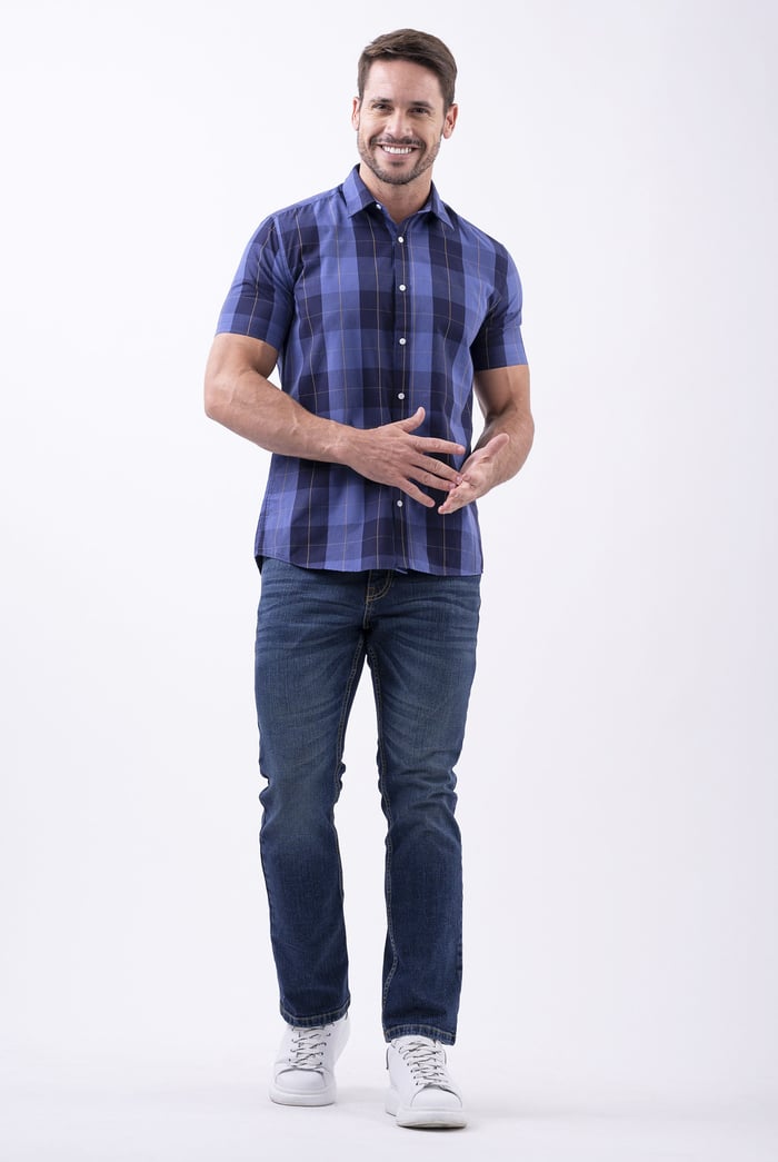 Yellow Blue Check Short Sleeve Casual Shirt