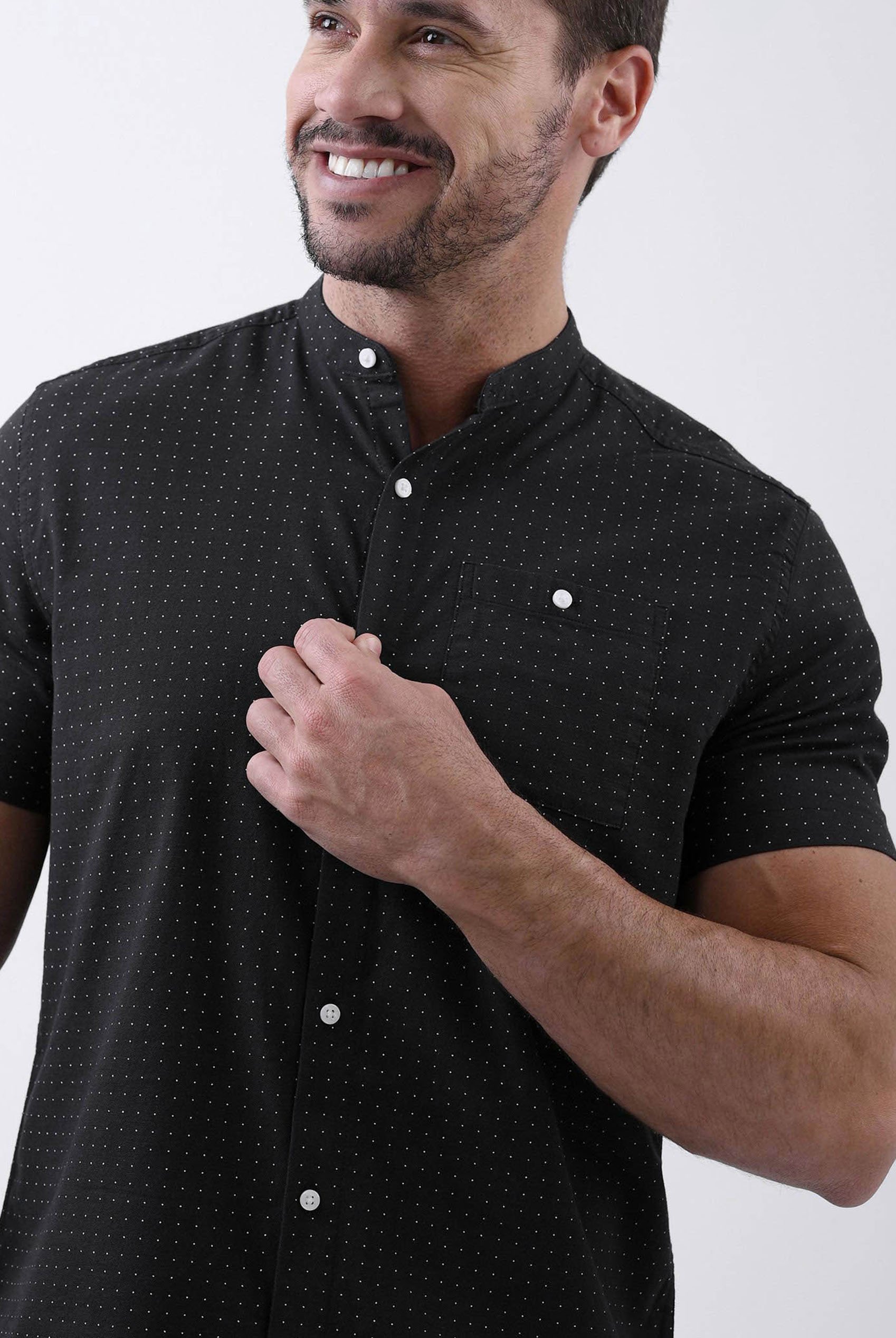 Printed Grandad Collar Short Sleeve Shirt