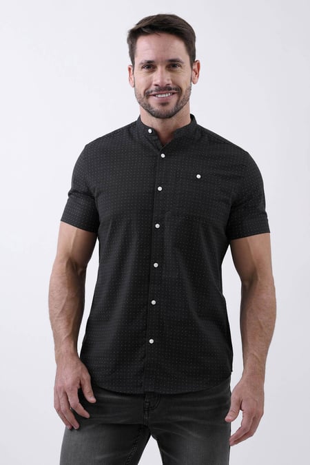 Printed Grandad Collar Short Sleeve Shirt