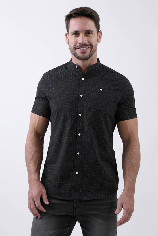 Printed Grandad Collar Short Sleeve Shirt