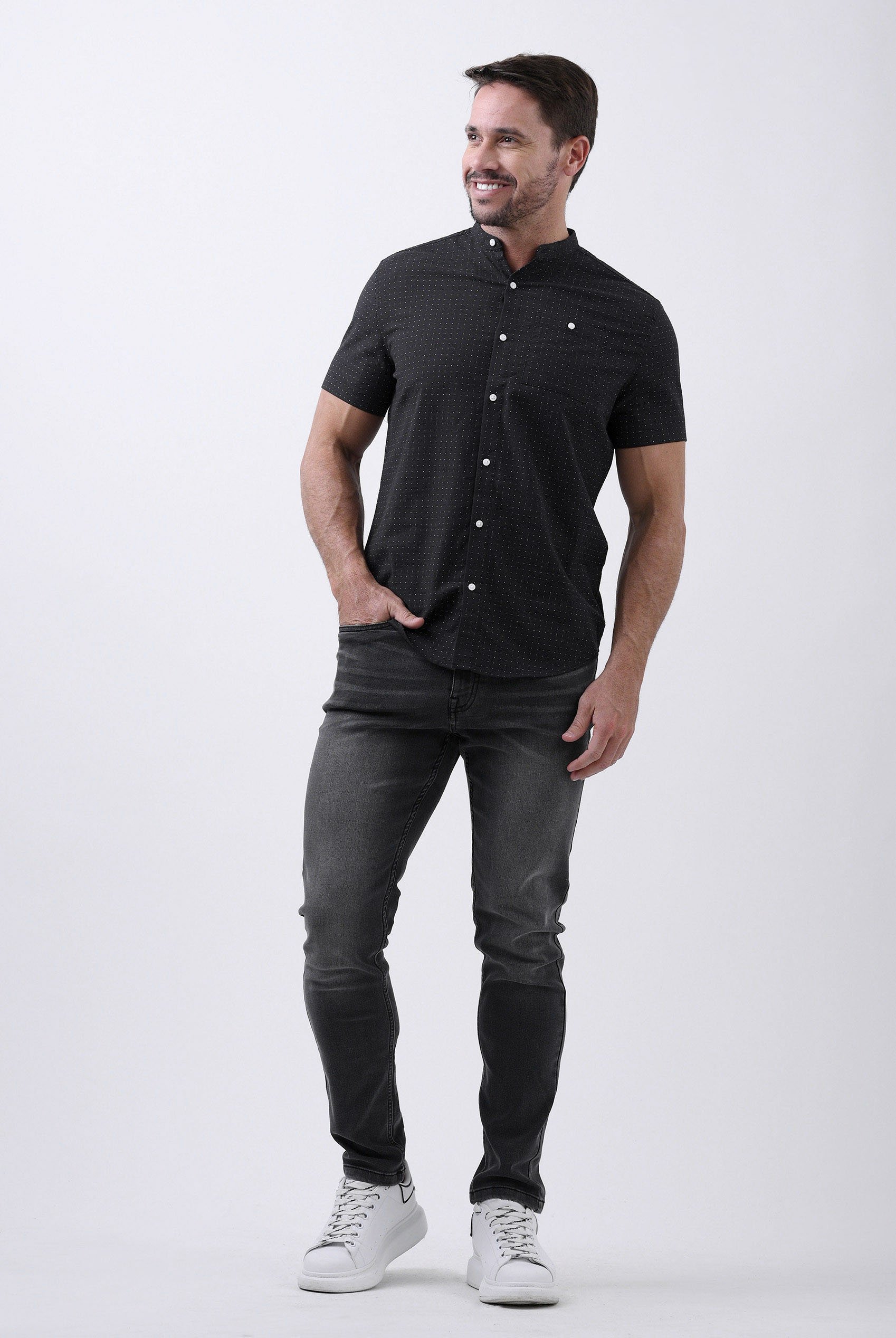 Printed Grandad Collar Short Sleeve Shirt