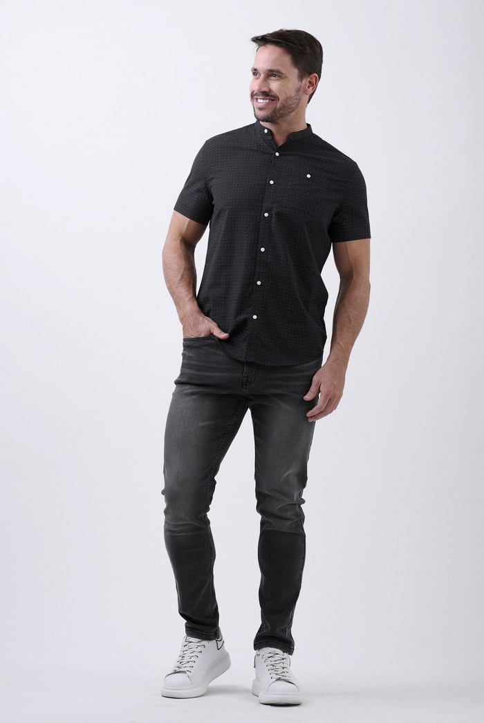 Printed Grandad Collar Short Sleeve Shirt
