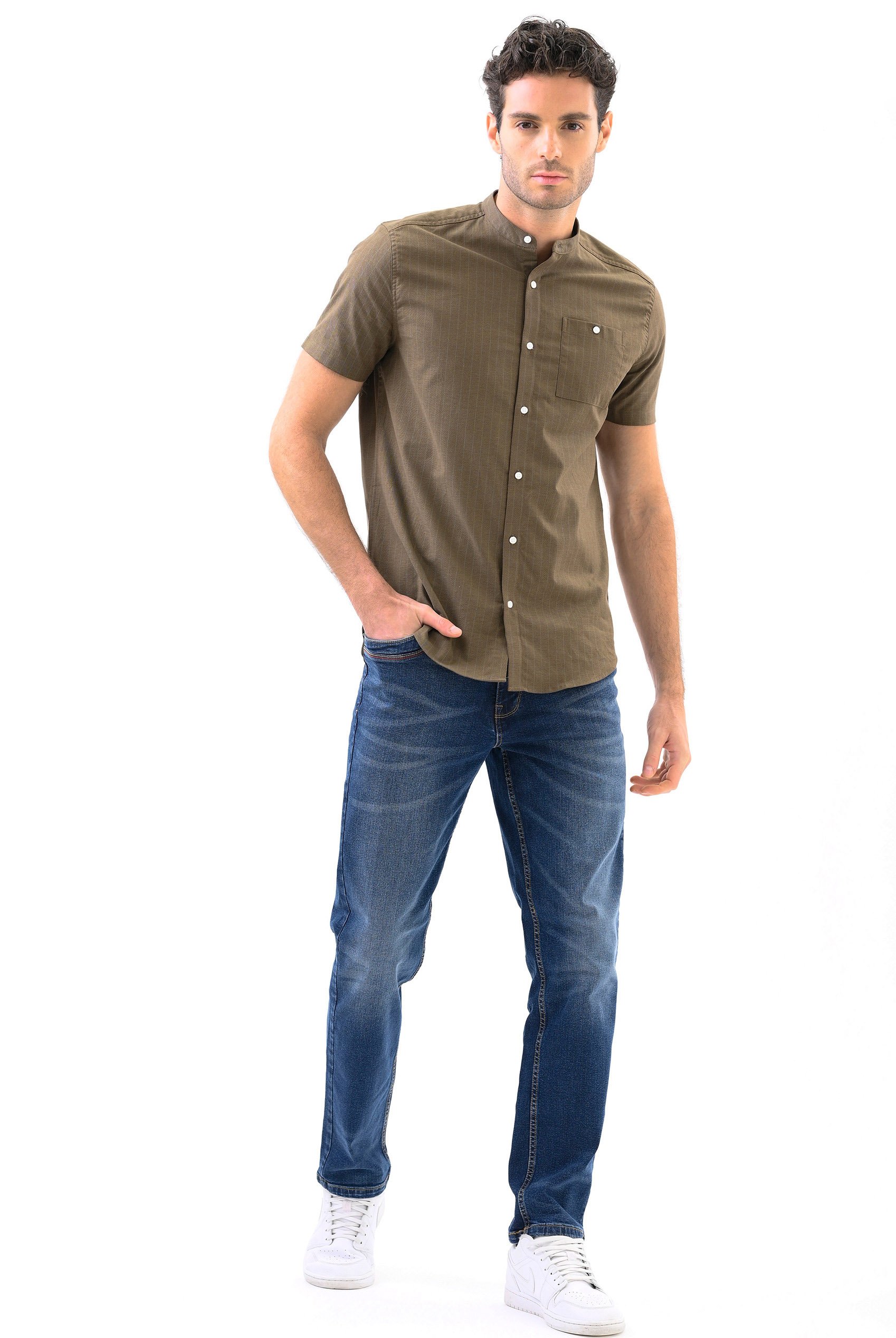 Men Grandad Collar Short Sleeve Shirt