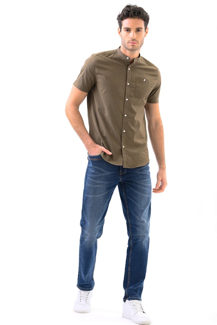 Men Grandad Collar Short Sleeve Shirt
