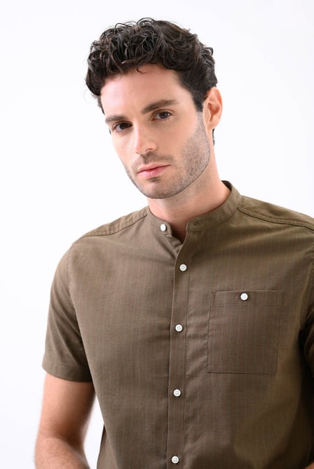 Men Grandad Collar Short Sleeve Shirt