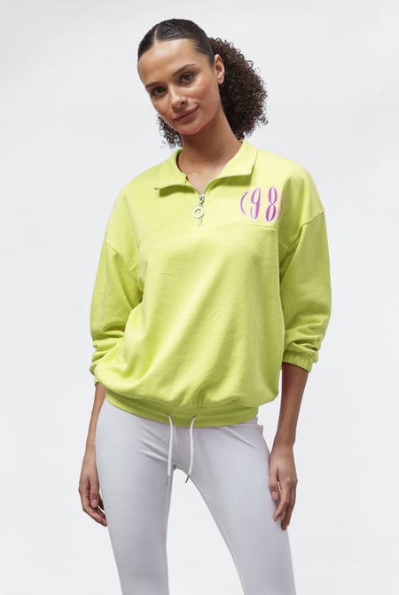Blue Half Zip High Neck Embroidery Sweatshirt
