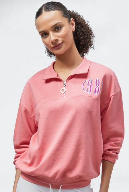 Blue Half Zip High Neck Embroidery Sweatshirt