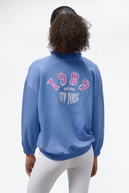 Blue Half Zip High Neck Embroidery Sweatshirt