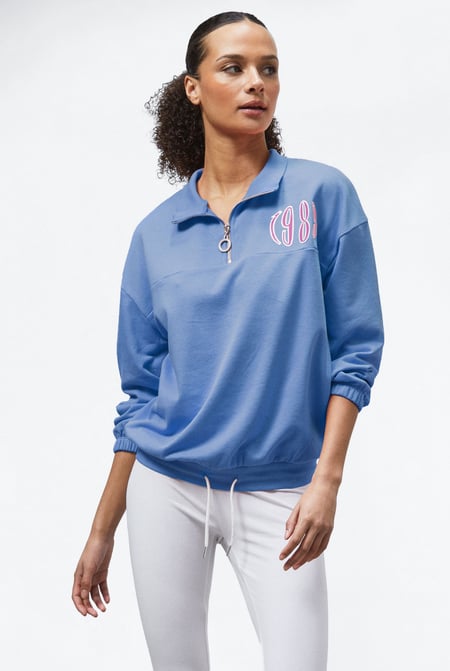 Blue Half Zip High Neck Embroidery Sweatshirt