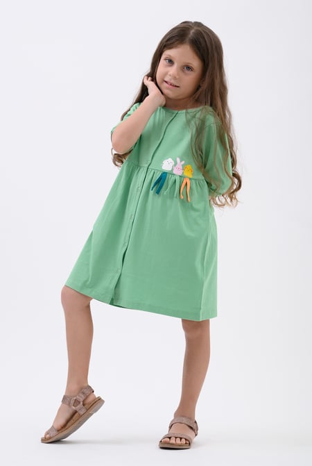 Girls Olive Little Rabbit Puff Sleeve Dress  (12/18mths-6/7yrs)